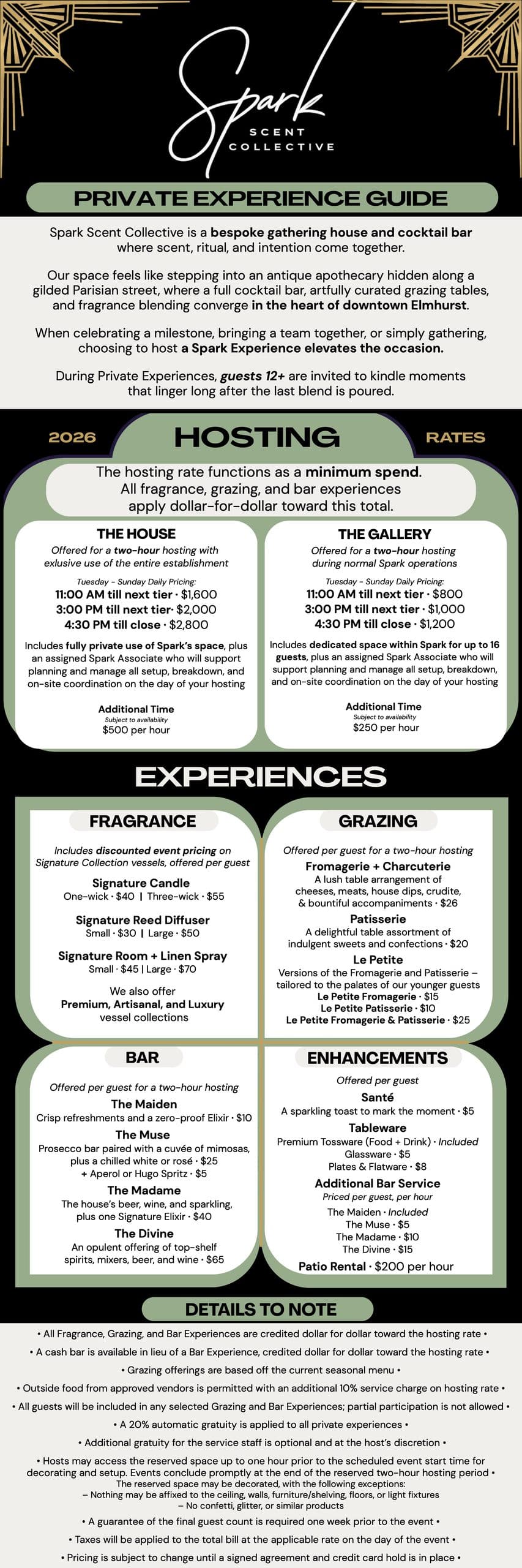 Private Experiences menu. Full text below.