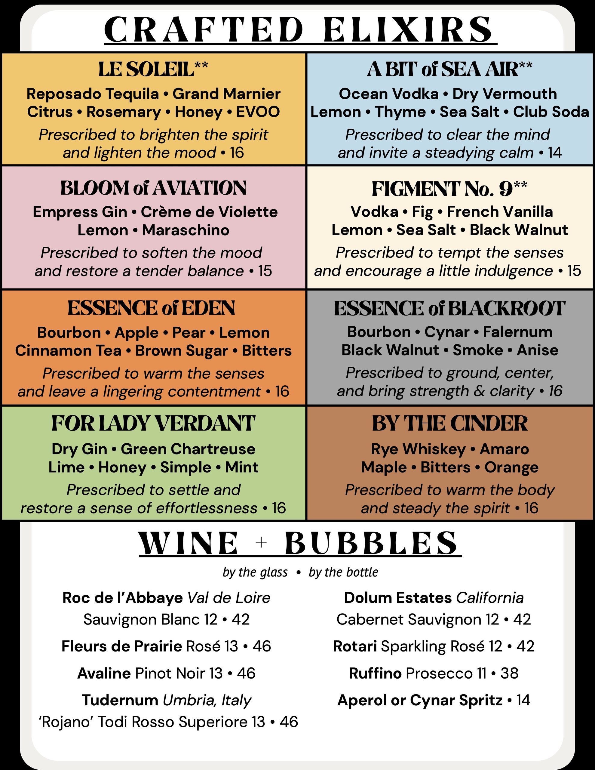 Drink Menu, page 1 of 2. Full text below.