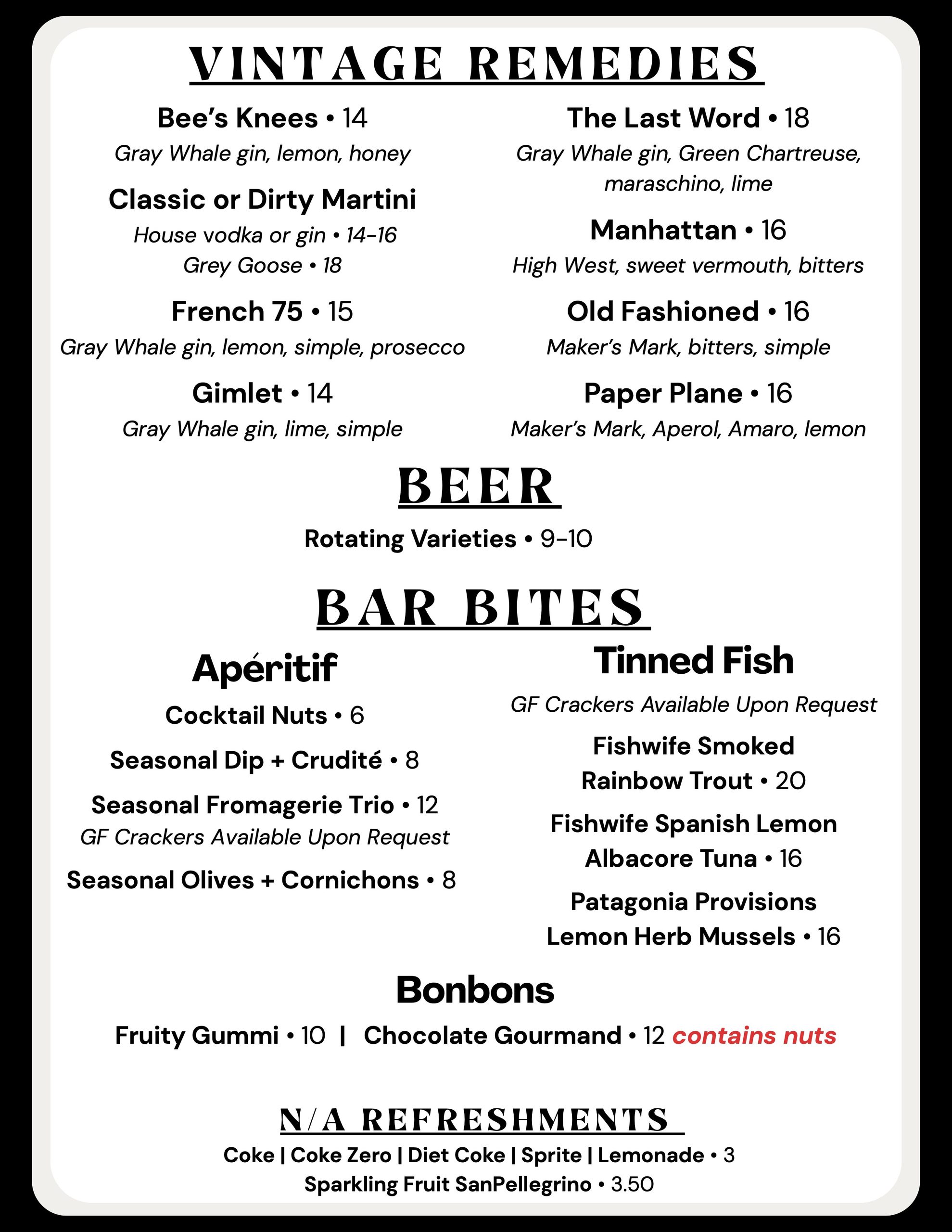 Drink Menu, page 2 of 2. Full text below.